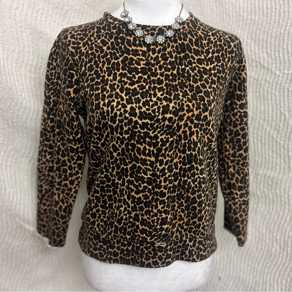 J.Crew Leopard Print Crop Sweatshirt Raw Hem Sleeves Women’s XS Roomy Fit